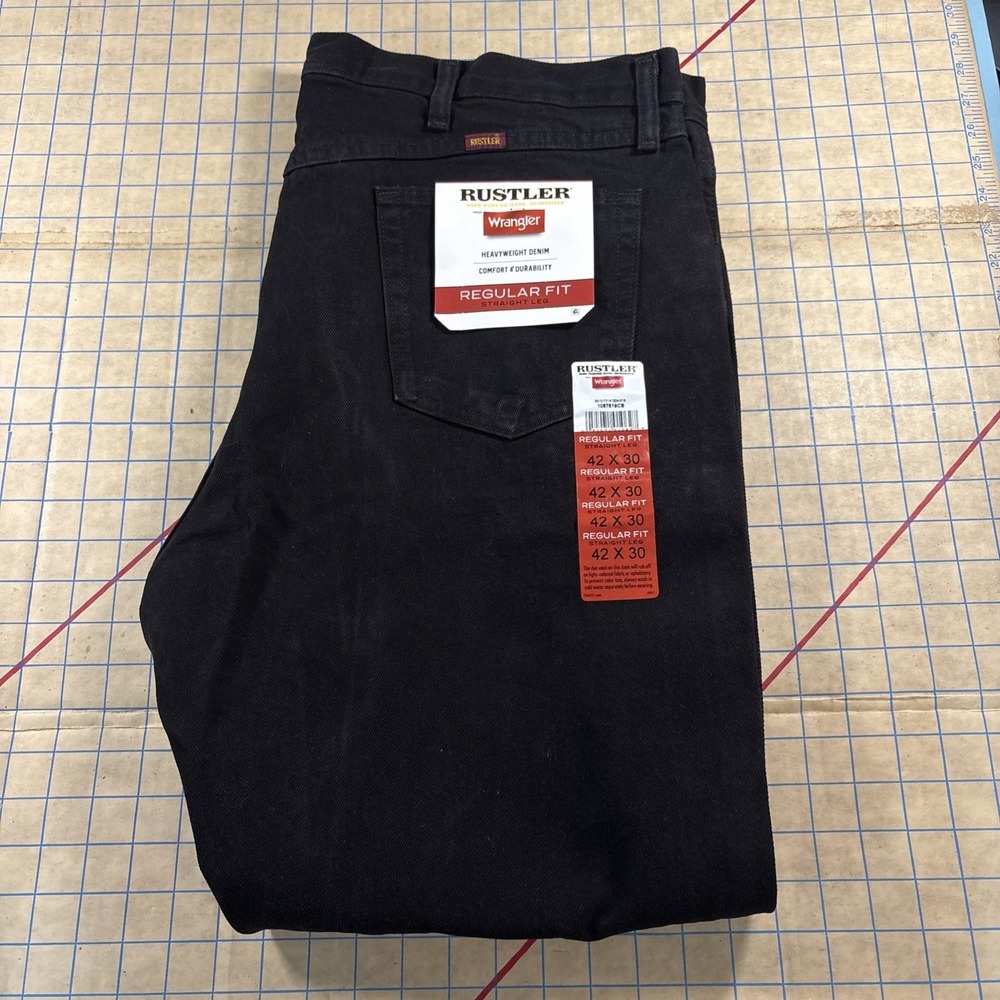 New Rustler by Wrangler Men's Black Jeans Regular‎ Fit  42 x 30 NWT Straight Leg